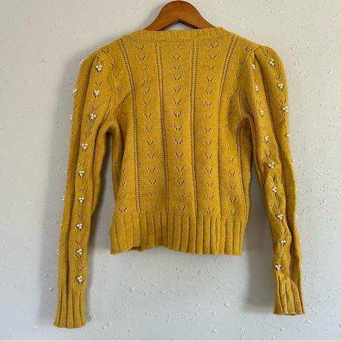 Industry  Yellow Pearl beaded ruffled front ribbed knit sweater Small Fall