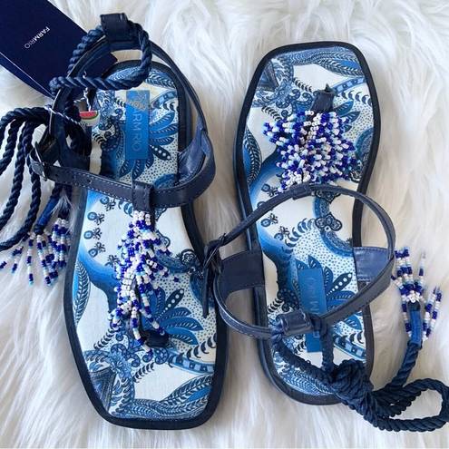 Farm Rio  Blue Tile Beaded Flat Lace Up Sandals Blue Size 6 NEW WITHOUT BOX