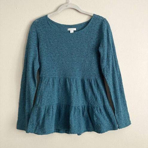 Garnet Hill  Womens Lace Knit Teal Sheer Top Overlay Size XS Long Sleeve Tiered