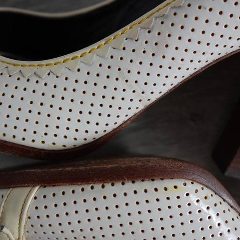 Fendi  Ivory Perforated Leather Buckle Peep Toe Wooden High Heels