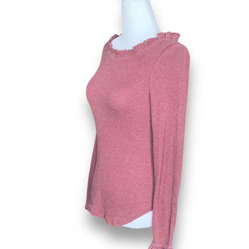 Chaser  Top Ruffle Trim Ribbed Knit Long Sleeve Pink Small NWT