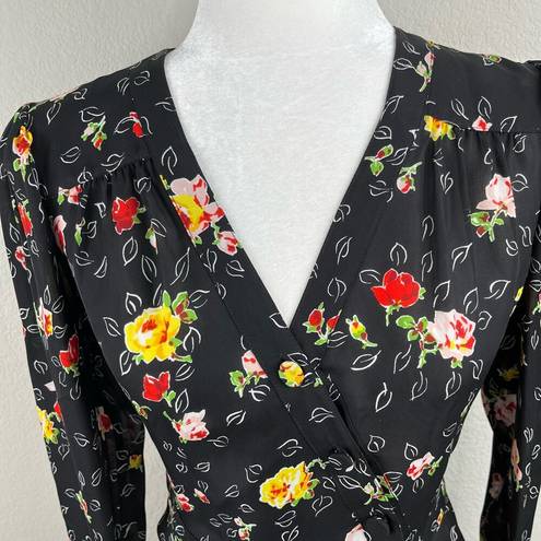 Veronica Beard  Kiona Black Floral Print Silk V-Neck Button Front Peplum Blouse 2