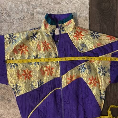 VINTAGE Katana Metallic Gold Purple Floral Jacket 80s Size Medium Windbreaker