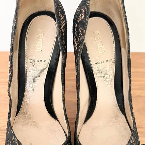 Fendi floral black lace platform peep toes heels 36 / 6