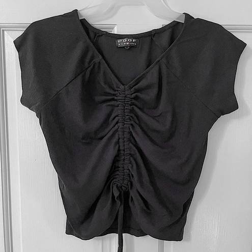 Poof New York Black Tie-hem Drawstring Ruched Short Sleeve V-Neck Ribbed Crop Top