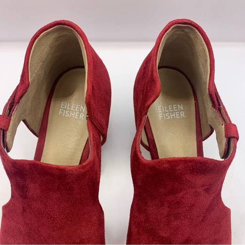 Eileen Fisher  open toe wedge sandals suede leather ankle strap red size 7.5M Red