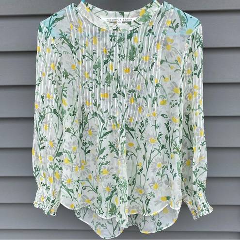 Veronica Beard size 6 Walker Pintucked 100% Silk Sheer Floral Blouse