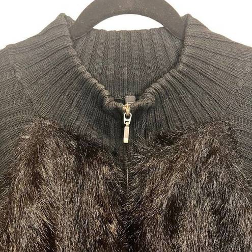 Relativity  Size XL Faux Fur Vest Knit Zip Cardigan Sweater Black Rib Knit