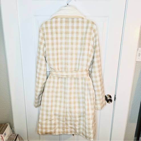 Aura  It's A Look Beige Plaid Coat Tie Double Breast Pearl Button M J NWT