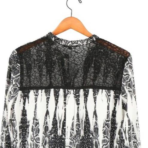 Alberto Makali  Black White Ikat Print Lace Back Hi/Low Tunic Top L