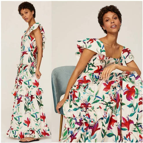 Scarlett LA DOUBLEJ Floral Flutter Sleeve  Tiered Ruffle Maxi Dress Medium