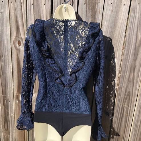 Alexis  Small Lace Bodysuit Long Ruffle Sleeve Pollie Navy Blue Black Flare Bell