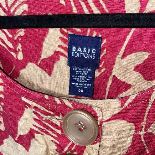 Basic Editions  Pink Beige 2-Button Hawaiian Tropical Linen Top Women's Size 2X