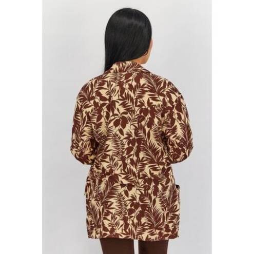 Mango  Women Notch Collar Long Sleeves Tropic Print Linen Blazer, Beige Brown XS