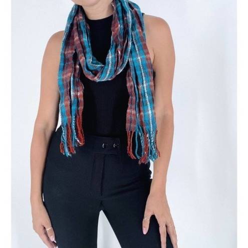 Forever 21  I love H81 Plaid Blue and Red Fringe Scarf