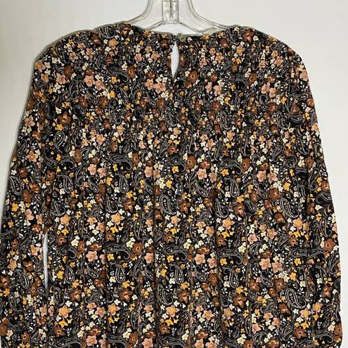 J.Jill  Petite Prairiecore Smocked Black Brown Floral Long Sleeve Blouse  SZ S