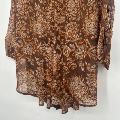 Coldwater Creek  Boho Button Up Tunic Top Cover Up Brown Sheer Pleated Size XL