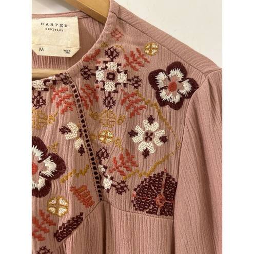Harper  Blouse Francesca’s Pink Embroidered Medium Floral Long Sleeve Boho