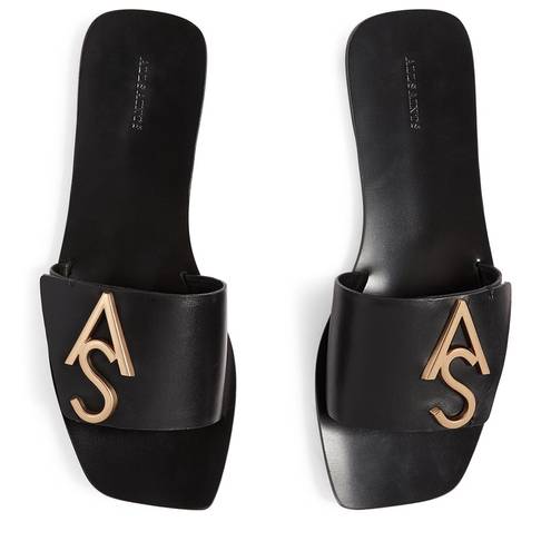 ALL SAINTS Klara Sandals Slippers Black Gold Logo Leather Size 40