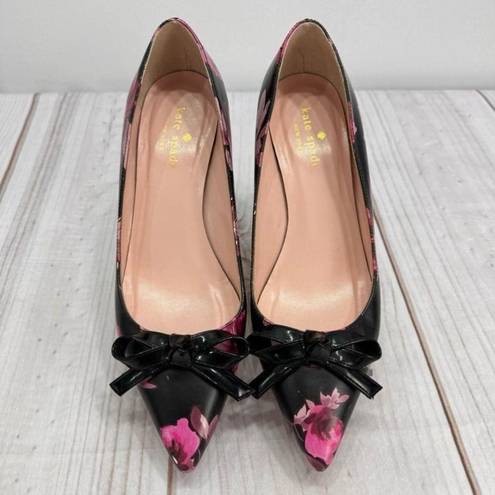 Kate Spade  Black and Pink Rose Floral Block Heel Pumps with Bow Size 6.5M