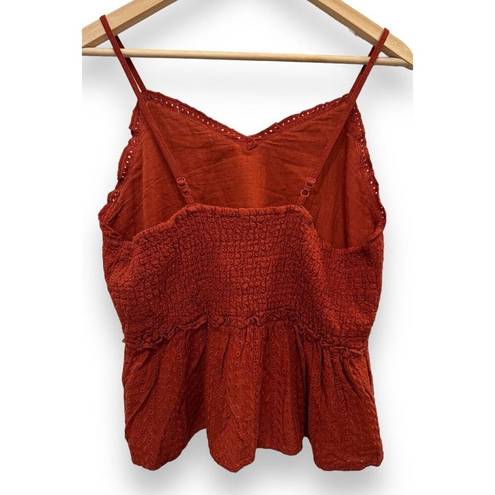 Sim & Sam  Cropped Eyelet Lace Spaghetti Strap Top Rust Red XL Ruffle Smocked