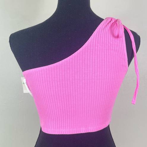 Aerie  Neon Pink One Shoulder Ribbed Rebel Tie Shoulder Cropped Tank