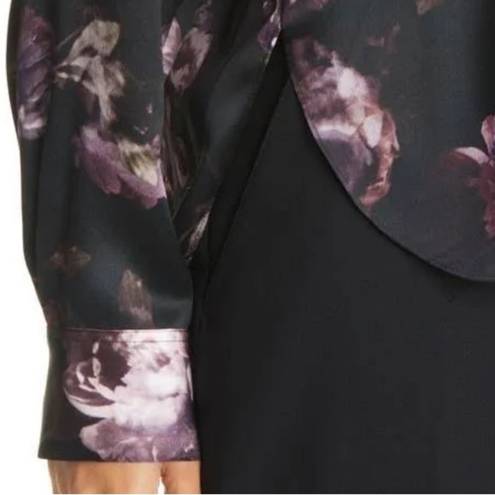  S Vince Silk Floral Long Sleeve Spread Collar Black and Purple Blouse