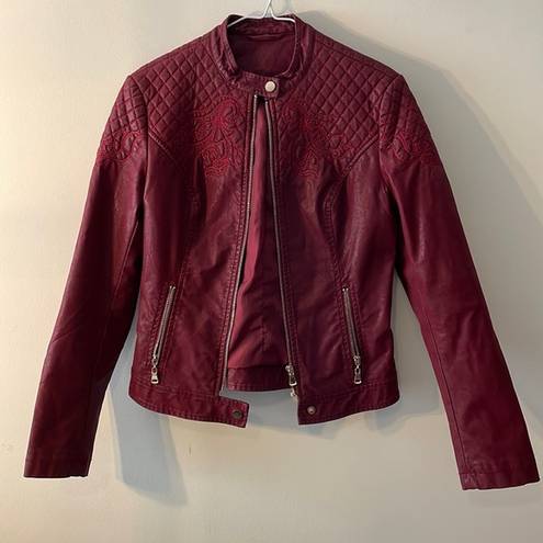 Pleather Red Embroidered Jacket