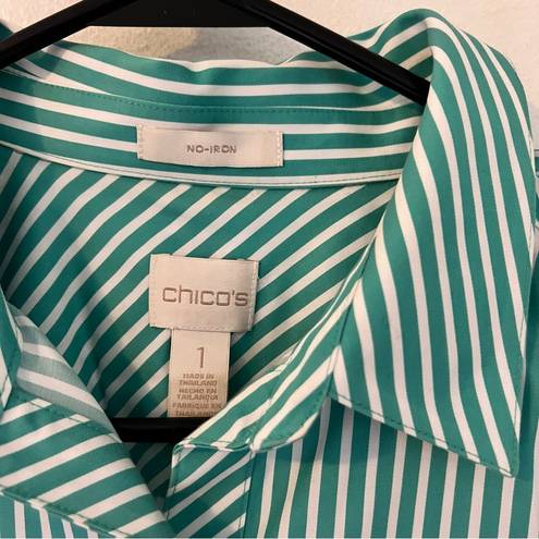 Chico's  no iron green and white striped button down blouse size 1 = size medium