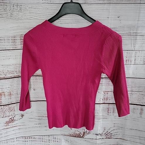 August Silk  Barbie Pink Ribbed Keyhole 3/4 Sleeve Women's Blouse Size Large