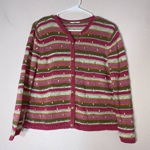 Talbots  PINK STRIPED CARDIGAN WOOD BEADED Knit Boho Coastal Grandma Small Button