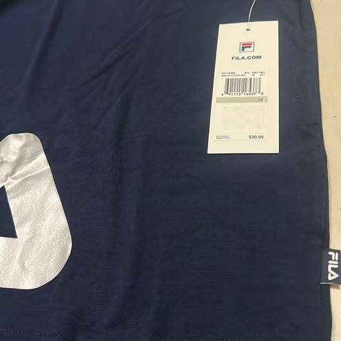 FILA Women’s Shirt Cropped Tee Boyfriend Boxy Fit 1X Navy Blue Silver Foil Logo