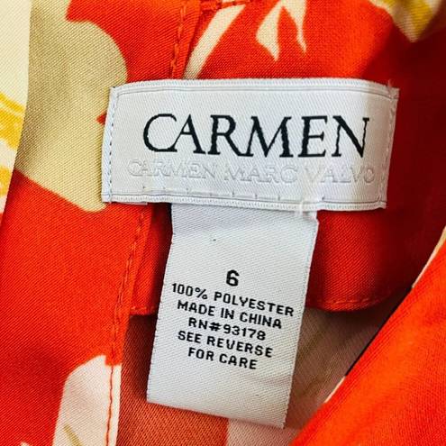 Carmen Marc Valvo  Orangey Red Happy Floral Print Bell Sleeve Women's 6 Top