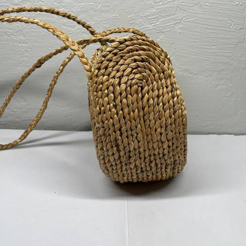 Vintage Blue  White Swirl Boho Round Straw Raffia Bag Hand Woven Shoulder Purse