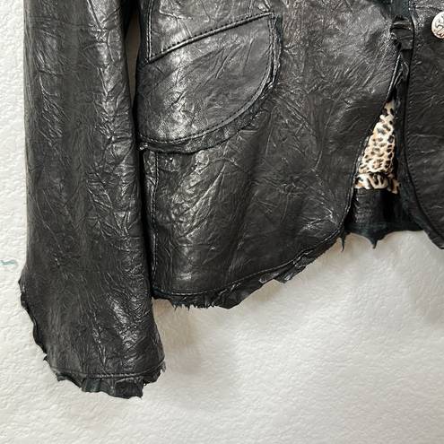 Edge ZINI Signature Black Leather Jacket Raw  Tapered Blazer Coat - Medium