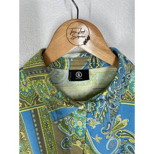 Polo Bogner Paisley Print Long Sleeve  Shirt Large L 3/4 Button Front Green Blue