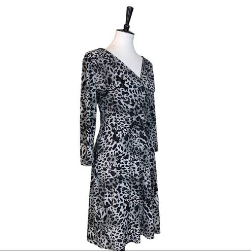 Ellen Tracy Women's Faux Wrap Dress Jersey Black Snow Leopard Size Medium M