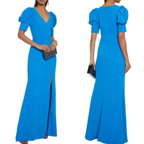 Badgley Mischka  Odessa Split Front Crepe Gown V-Neck Puff Sleeves Blue Size 0