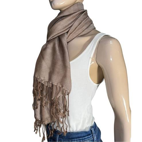 Vivante by VSA Brown Tan Herringbone 27 x 68” Large Wool Blend Fringe Scarf Wrap