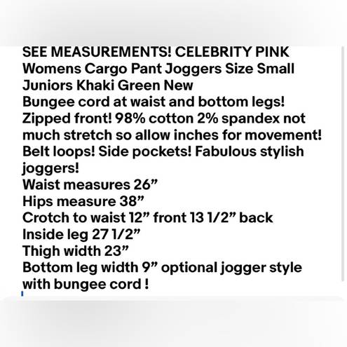 Celebrity Pink  Womens Cargo Pant Joggers Size Small Juniors Khaki Green New