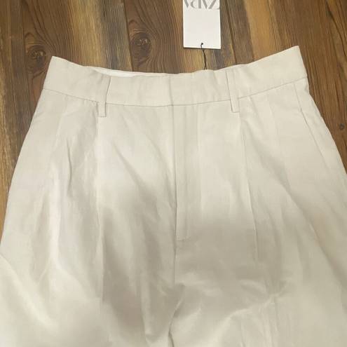 ZARA NWT  Womens Pleated  Pockets Cream Summer Linen Wide Leg Pants Sz XS