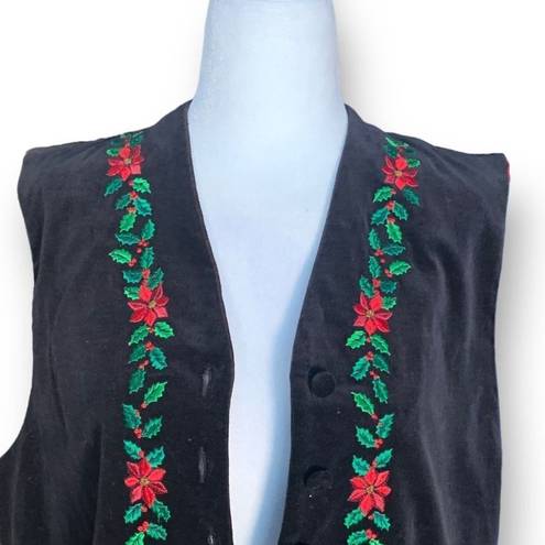 Karen Scott Vintage  Vest Black Velvet Red Green Holiday Poinsettias Embroidery