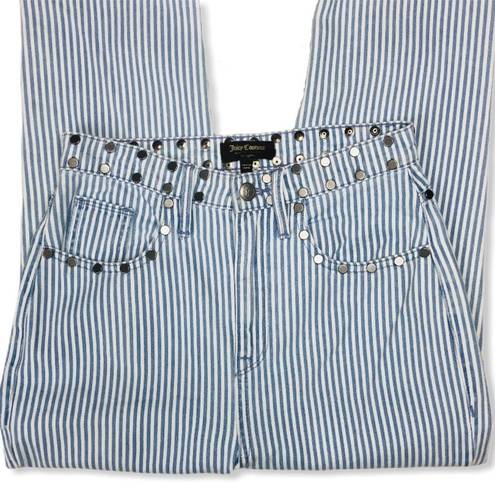 Juicy Couture  High Rise White Blue Stripe Girlfriend Jeans with Studded Detail