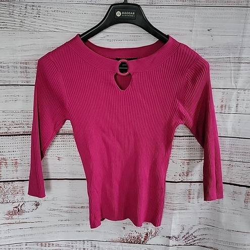 August Silk  Barbie Pink Ribbed Keyhole 3/4 Sleeve Women's Blouse Size Large