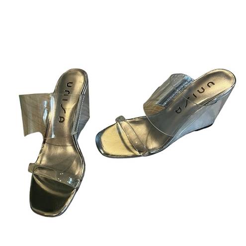 Unisa  Nietra Clear Lucite & Silver Wedge Slide Sandal, Sz 6