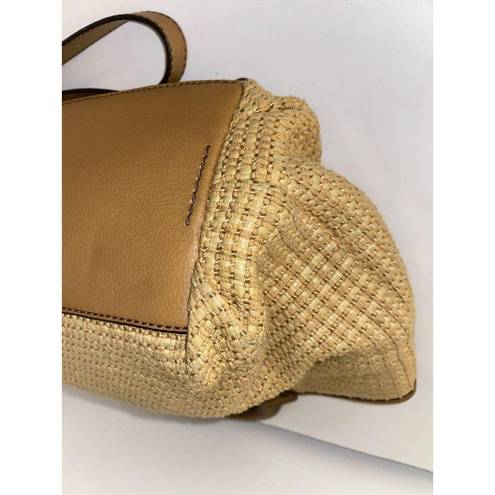 Fossil Vintage  Tan Straw Basket Weave Leather Round Wood Handle Hobo Purse Bag