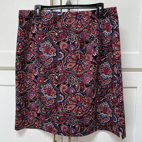 Talbots  Knee Length Paisley Skirt Womens Sz Large Elastic Waist Pull On Red Blue