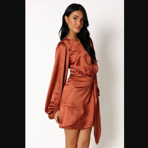 Petal and Pup  Opal Rust Satin Long Balloon Sleeve Wrap Mini Dress 8