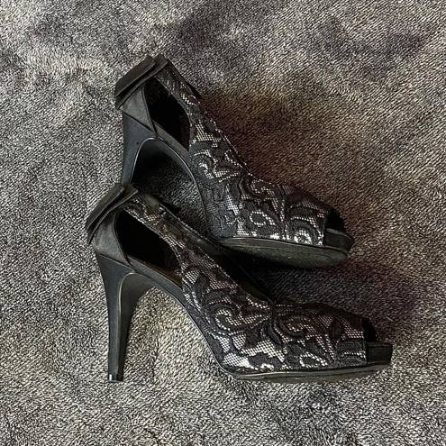 Velvet Heart black/silver lace heels with bow ( 6.5 )