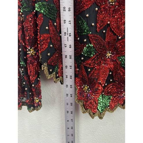 Laurence Kazar  New York Vintage Poinsettia Sequin Beaded Blouse Top Size Large